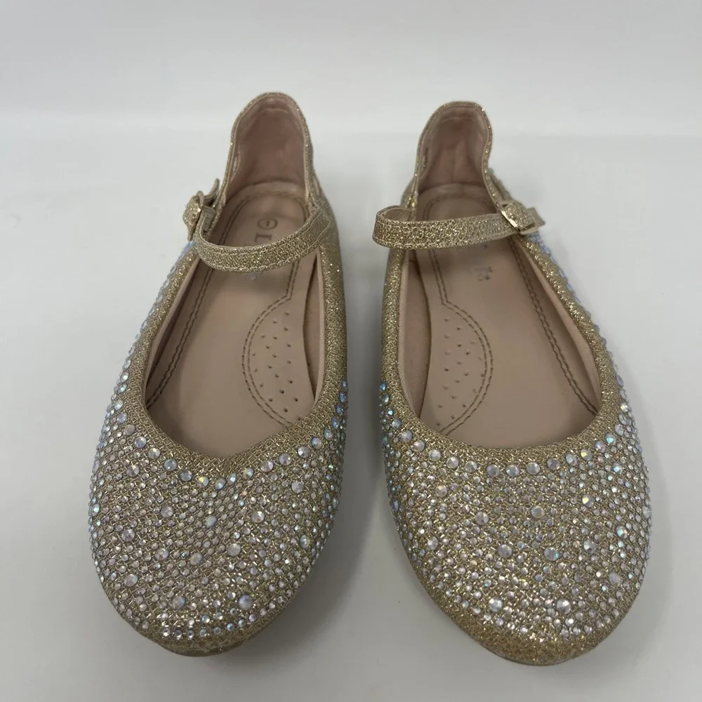 Girls Size 1 Gold Rhinestone‎ Encrusted Glittery Mary Jane Flat Dress Shoes
